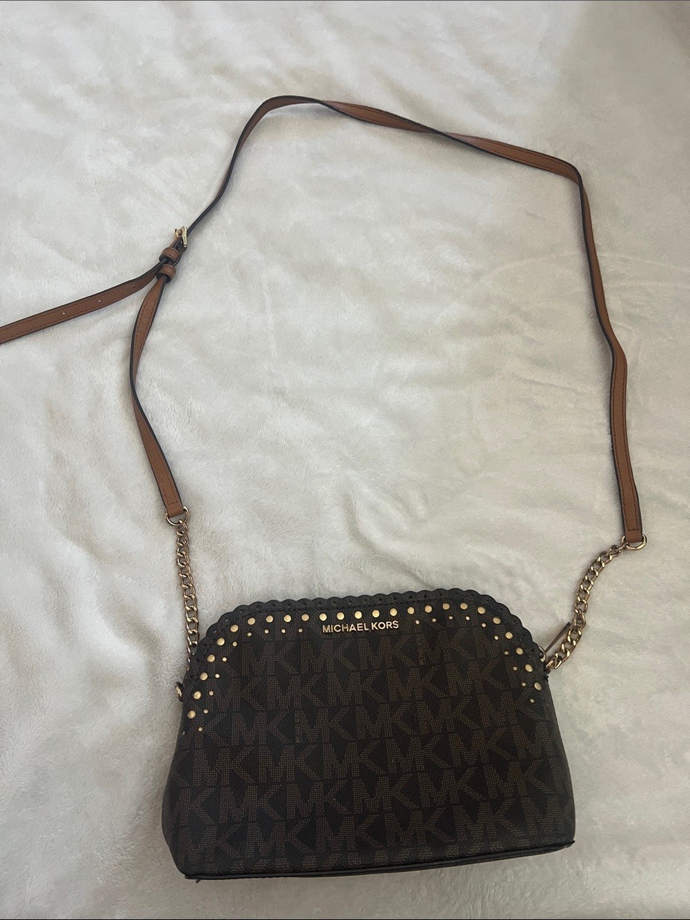 Michael Kors Brown Logo Crossbody with Gold Stud Accents